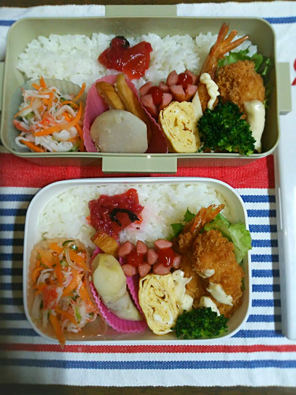 旦那、私弁当🍱
   海老フライ🍤
   カニかま入り酢の物😃|miimiさん