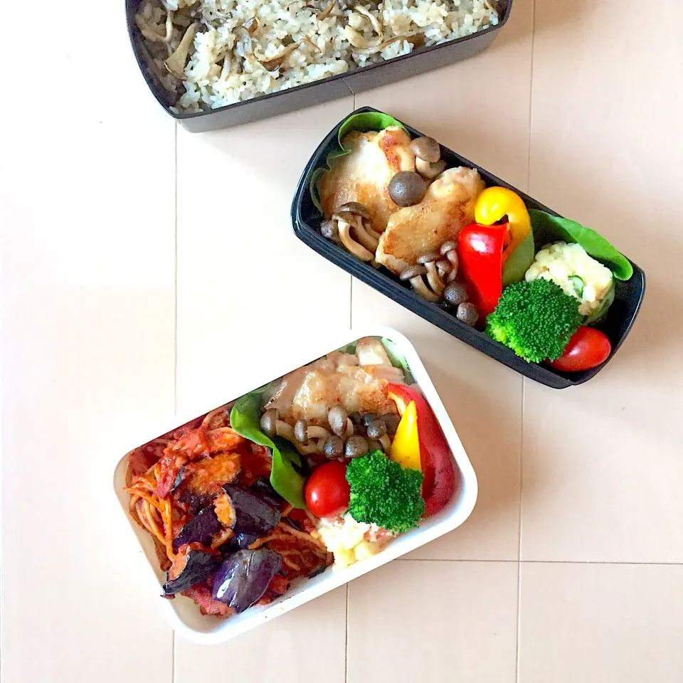 舞茸バターライスとチキンソテー、パスタのお弁当 #お弁当|ゆかりさん