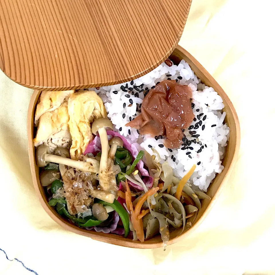 Snapdishの料理写真:愛夫弁当
玉子焼き、ピーマンときのこの炒め物、きんぴらごぼう、ご飯、梅干|ゼニコさん