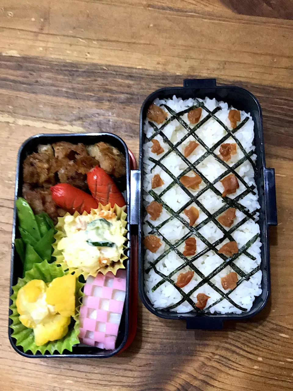 唐揚げ、ポテトサラダ、インゲンのソテー、梅干しご飯|Lindaさん