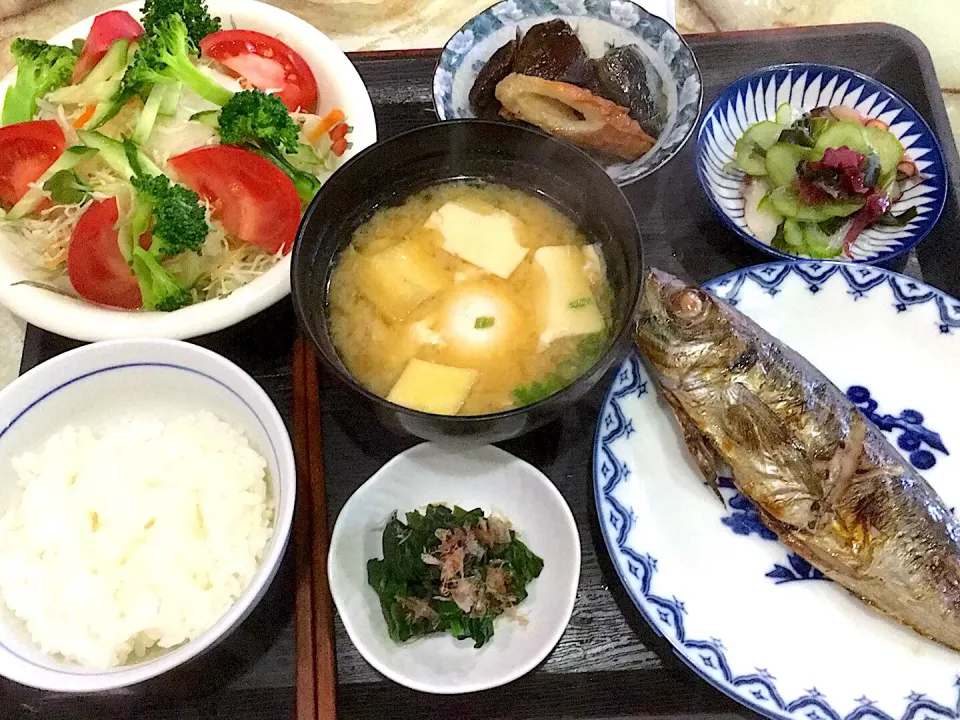 本日の昼食です。鯵の塩焼き、タコと胡瓜の酢の物、茄子と椎茸の煮物、ほうれん草のおひたし、サラダ、卵の味噌汁、御飯少々です。|詳智　片山さん