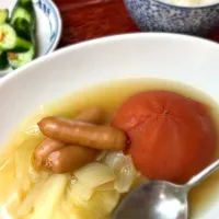 Snapdishの料理写真:丸ごとトマト🍅ポトフ風 朝ごはん最後は白いゴハンを少し入れて雑炊に|こぼるさん