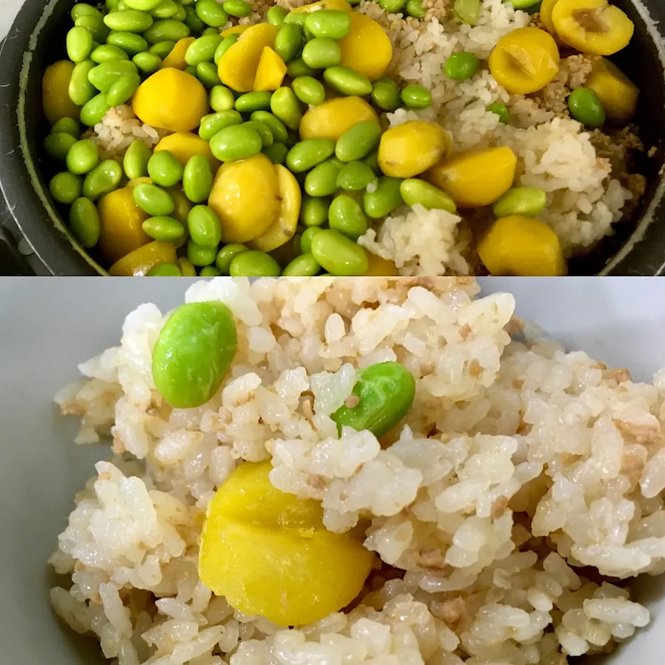 Snapdishの料理写真:栗と枝豆足して、イシイの鶏そぼろで炊き込みご飯🍚
 #炊き込みご飯 #イシイとりそぼろ  #やっぱ和食でしょ2017 #混ぜご飯  #栗ごはん  #鶏そぼろご飯|sakumaさん