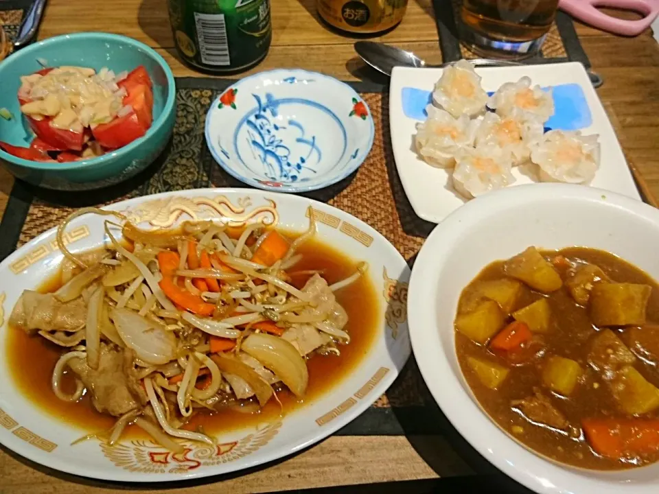 野菜と豚肉のバタポン&シウマイ&ポークカレー&トマト|まぐろさん