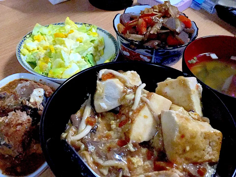 １１月１８日  鯖味噌✨豆腐のきのこあんかけ✨こんにゃくとゴボウと人参と🌶の甘辛煮✨キャベツと煮卵のマヨ和え✨ #今日の晩御飯|Akaneさん