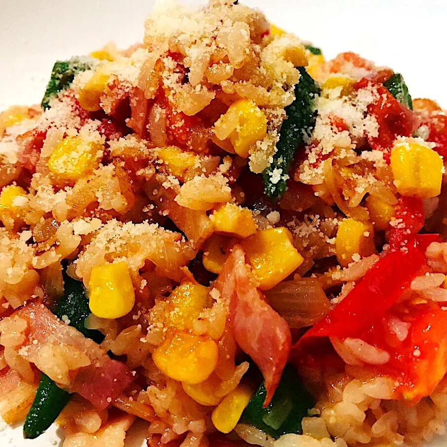 Risotto Rice with Okra,Tomatoes,Sweetcorn,Garlic,Bacon,|Emanuel Hayashiさん