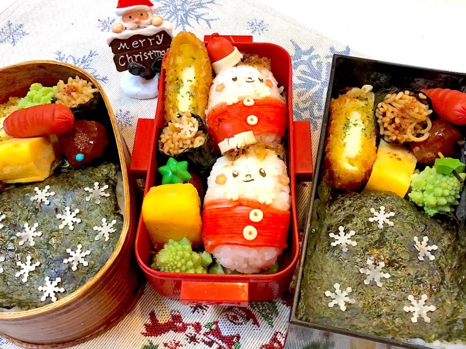 Snapdishの料理写真:#俵サンタお握り  #学生弁当  #娘のお弁当  #旦那さんお弁当  #息子のお弁当 #のり弁|Yuki Kawasumiさん