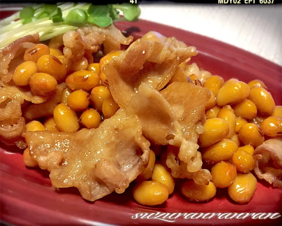 Snapdishの料理写真:チョッパー＆ホヌさんの料理 🐽肉とお豆さんのおかず炒め〜〜😋😋|すずらんさん