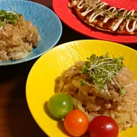 Snapdishの料理写真:子供夜ご飯🍚ステーキチャーハン、豚平焼き|アンジェさん