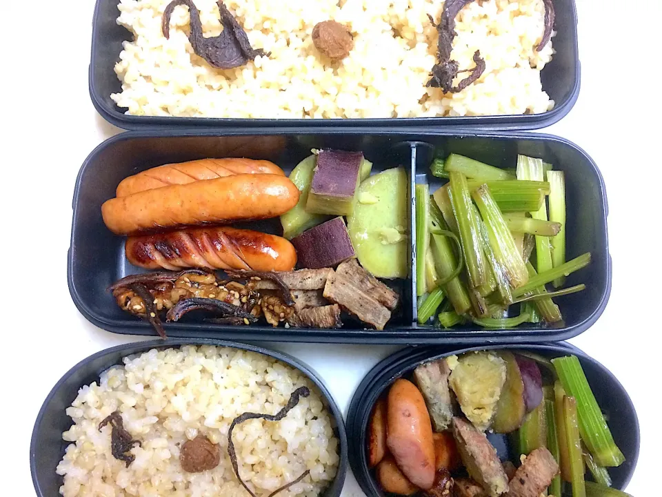 #今日のお弁当 ソーセージ、くるみ小女子、さつまいもの甘煮、大根のべっこう煮、セロリのきんぴら|Victoryageさん