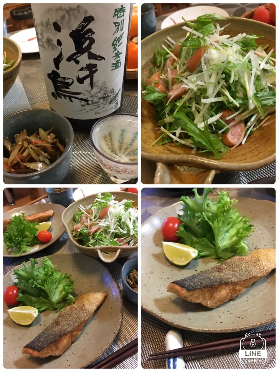 天然生秋鮭のムニエル🐟水菜と大根のサラダ🍆🍅🌽作り置きのきんぴらさん🤤日本酒は浜千鳥(o_ _)/(酒)|MOMO-chan☻さん