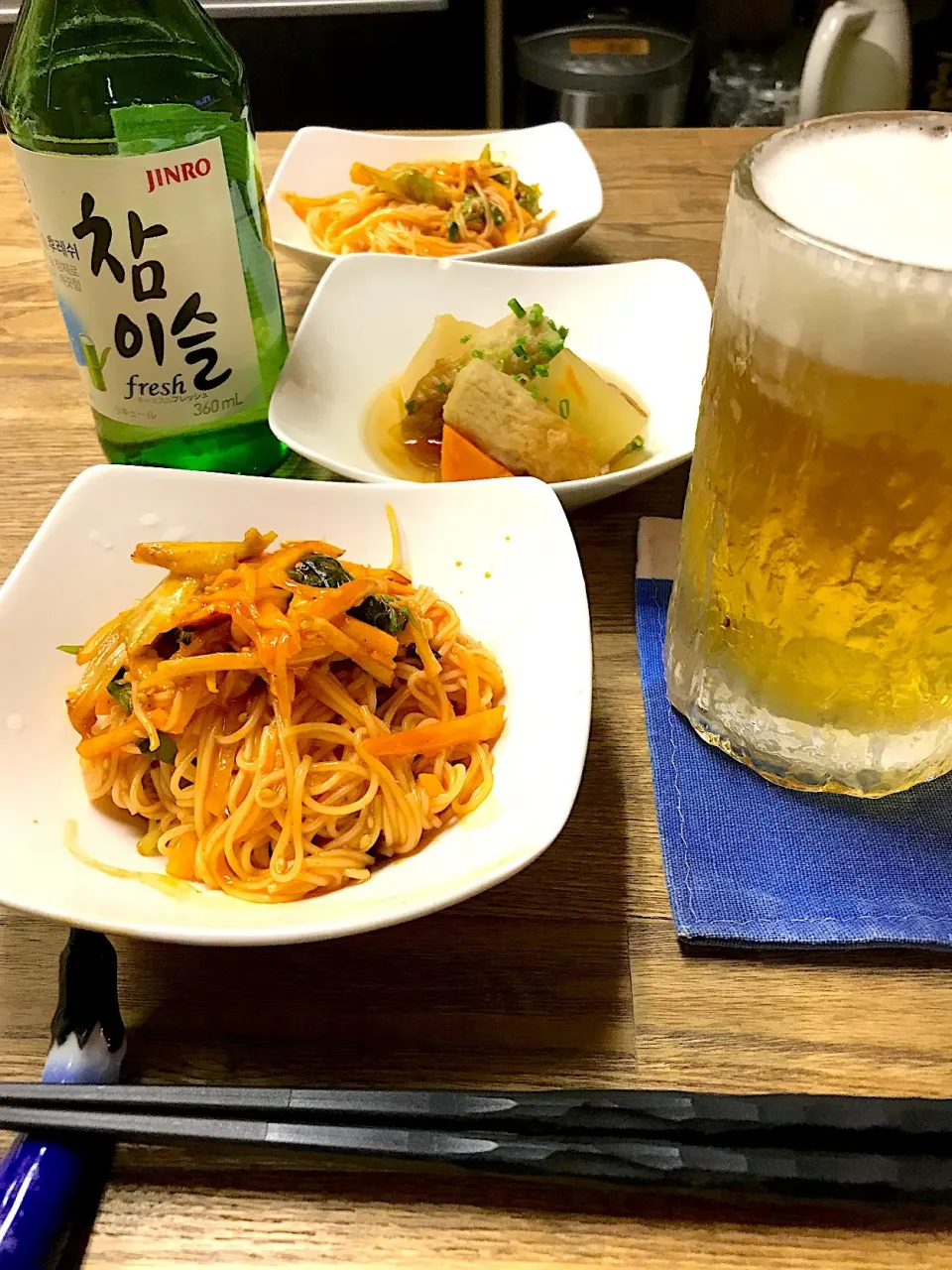 日韓料理屋 あきさんにて ビビンソウメンとおでんとビール🍺|シュトママさん