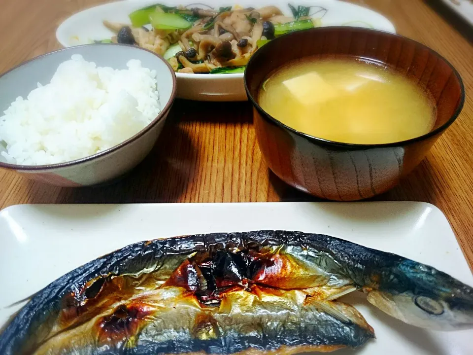 Snapdishの料理写真:・秋刀魚の干物
・豆腐の味噌汁
・チンゲン菜と豚肉のオイスター炒め|ようかんさん