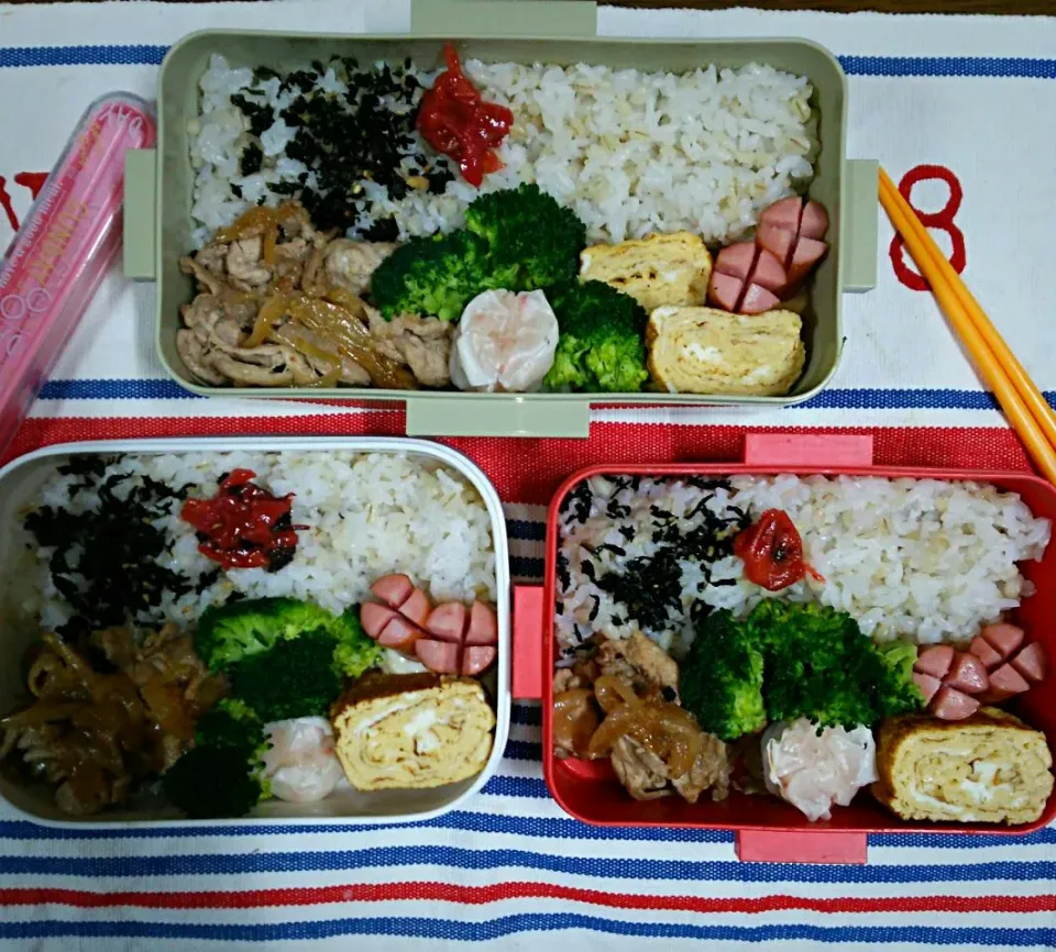 ３人弁当🍱
    ご飯に、もち麦ぷらす
    豚黒酢マヨ炒め～😃|miimiさん