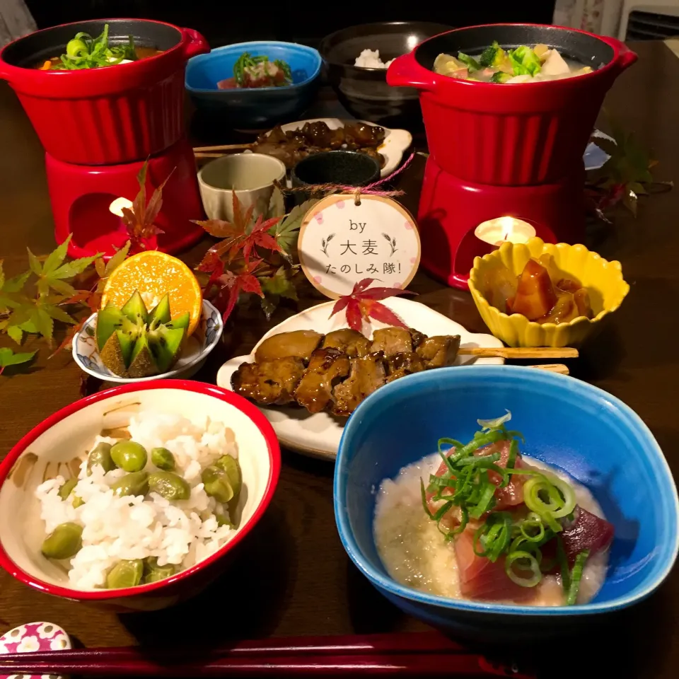 豆ご飯🍚  まぐろの山かけ🍚  ごま豆乳鍋鍋🥘と豚キムチ鍋🥘|mamaさん