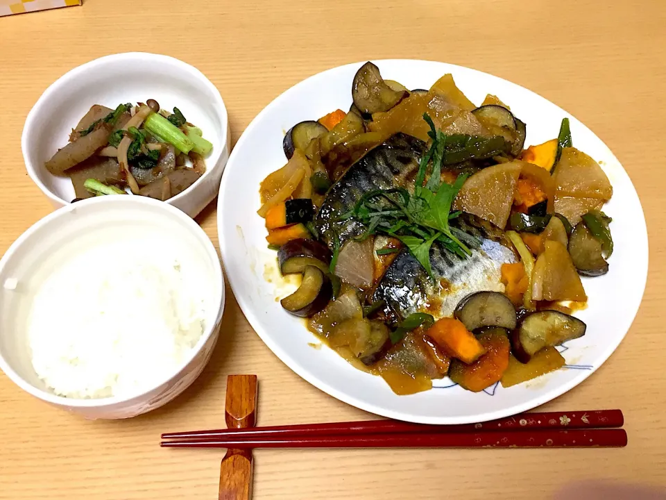 さば味噌と野菜のほの甘煮、こんにゃくの煮物|aquamarineさん