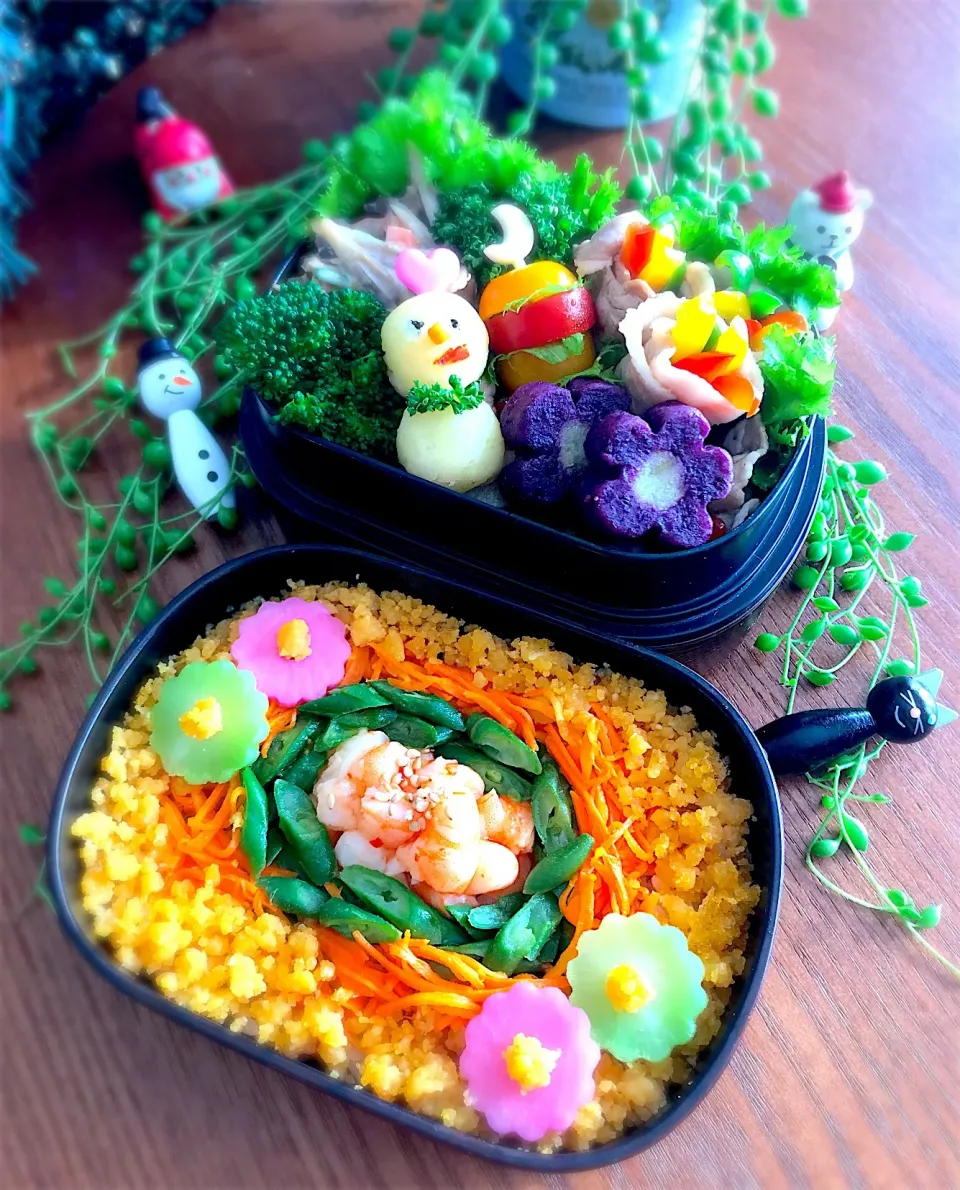 🌼🌸4色弁当🌸🌼 #四色ご飯 #お弁当 #お花弁当 #クリスマス弁当#雪だるま ⛄️|呑兵衛料理家 おねこさん