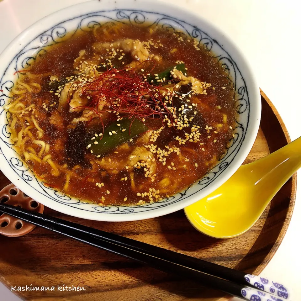 豚肉と椎茸とピーマンの餡掛けラーメン🍜|Kashimanakitchenさん