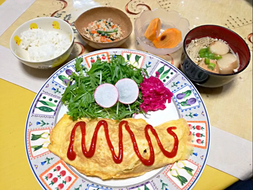 晩ごはん
 - ポテトツナオムレツ🐣
 - おから
 - えのきとお麩 お味噌汁
 - 柿|korinoさん