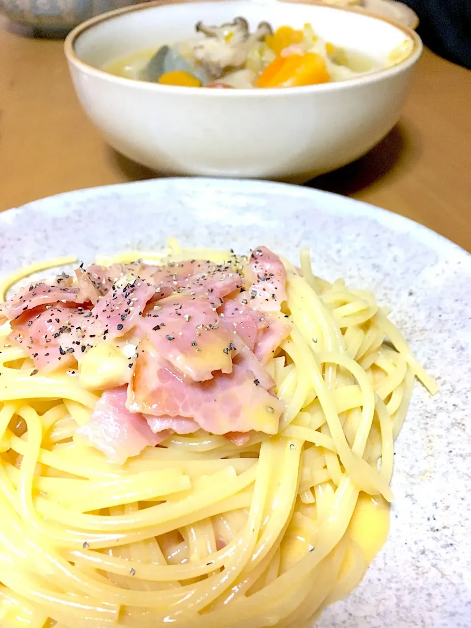 Snapdishの料理写真:カルボナーラとポトフな晩御飯(∗❛ั॒ ູ॒❛ั∗)|さくたえさん