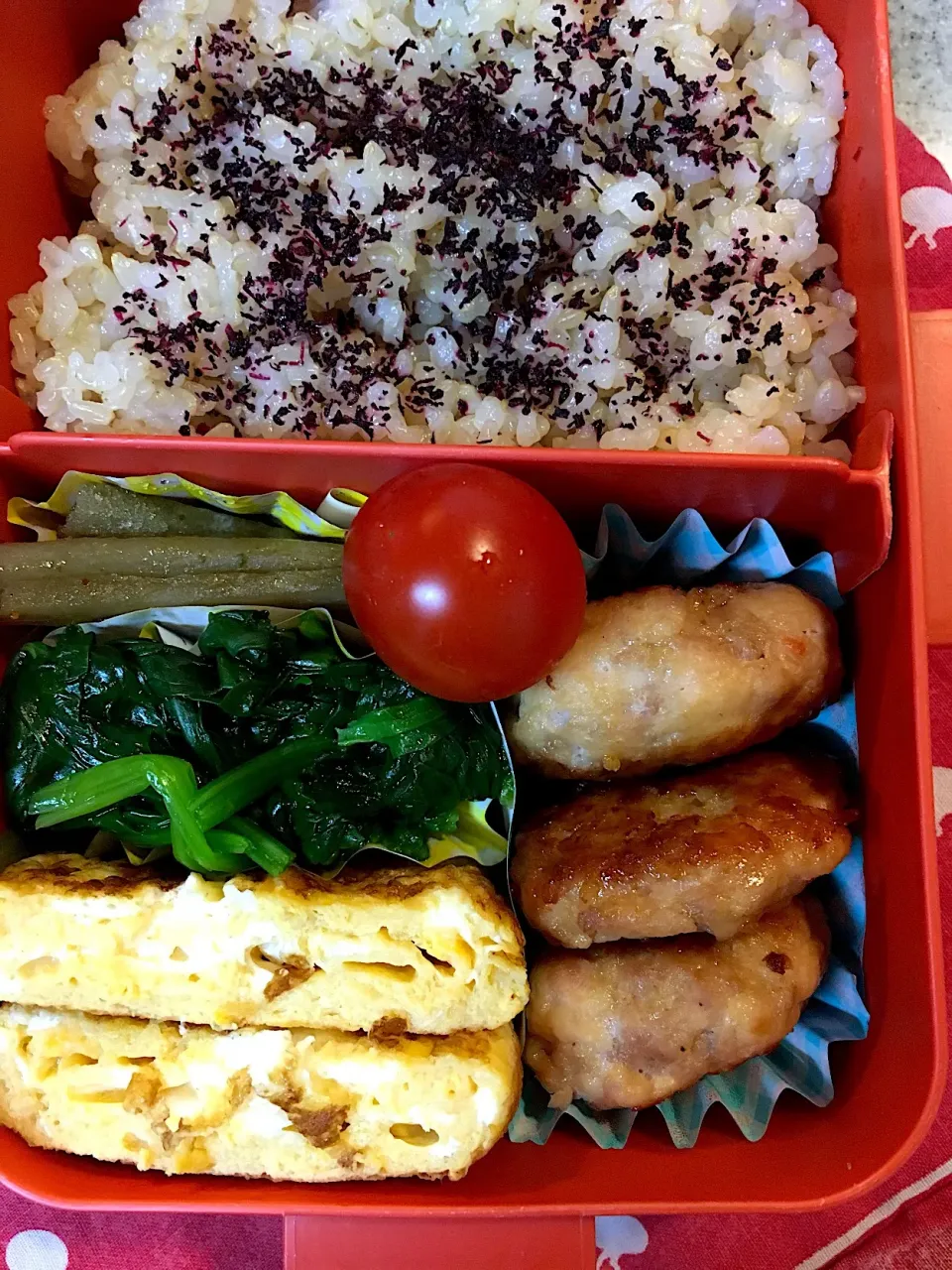 Snapdishの料理写真:♫11/27今日のお弁当♫〜鶏つくね照り焼き、きんぴら、だし巻き卵、ほうれん草ドレ和え、トマト〜|Satokoさん