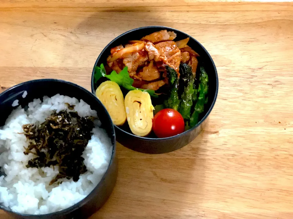 ポークチャップ 弁当、茶殻のふりかけ付き|弁当 備忘録さん