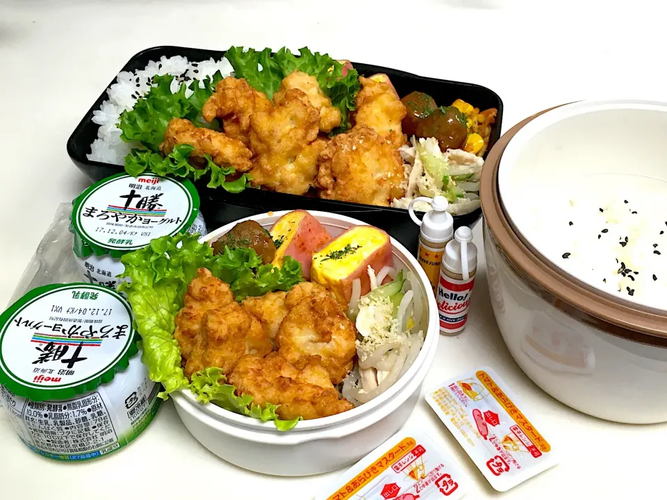 専門1年長男丼弁&高2次男坊弁171127✿
胸肉deチキンナゲット ささ身ときゅうりともやしのサラダ(胡麻ドレ) ハムたまご ナポリ イシイさん おとなのふりかけ＋YG|まめりんさん