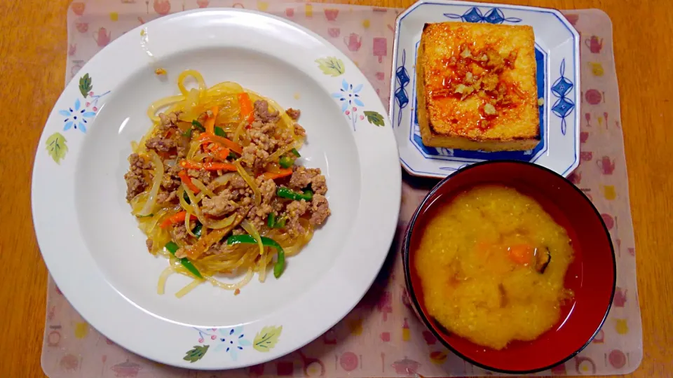 11月６日　生マロニーでチャプチェ　厚揚げ豆腐　お味噌汁|いもこ。さん