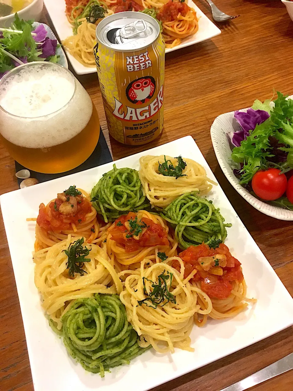 パスタ三種盛り〜🍝
ジェノベーゼ＊トマトソース＊たらこ🍻✨|なかじー。さん