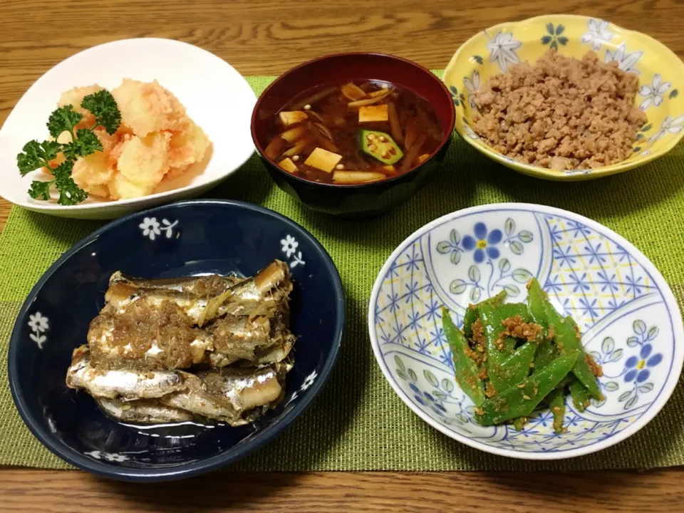 めんたいポテト・具沢山お味噌汁・鶏そぼろ・モロッコインゲンの胡麻和え・いわしの梅煮|美也子さん