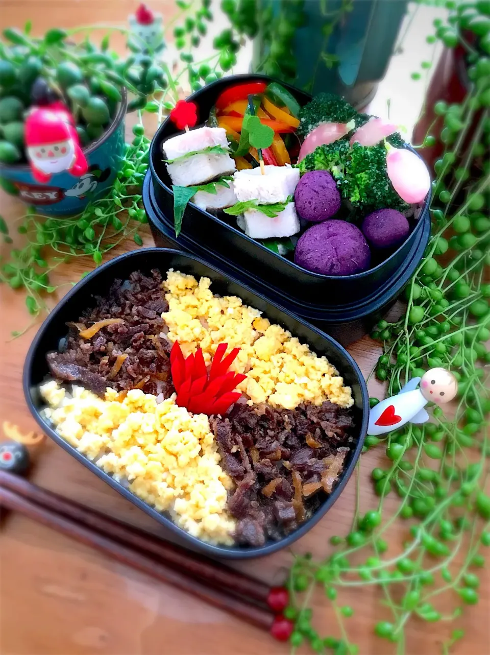 #2色ごはん弁当 #いり卵 #牛しぐれ煮 #紫芋のいももち #隠れミッキー #ブロッコリーのたらマヨサラダ #鶏ハムバーガー #4色ピーマンのきんぴら #菊花 #赤大根|呑兵衛料理家 おねこさん