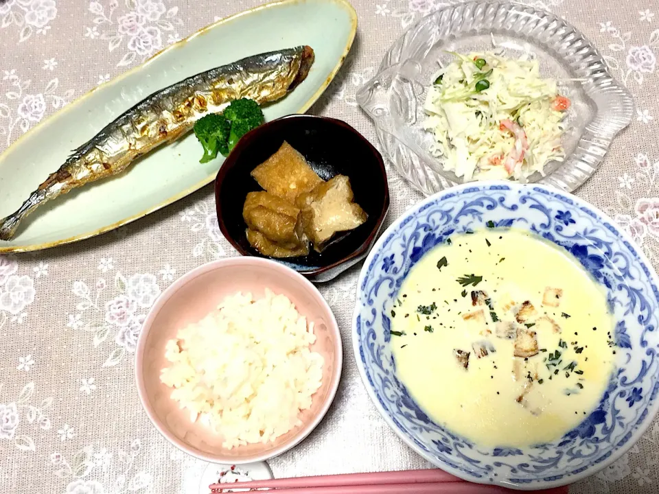 秋刀魚、厚揚げの煮物、とうもろこしの豆乳ポタージュ、サラダ|小鳥さん