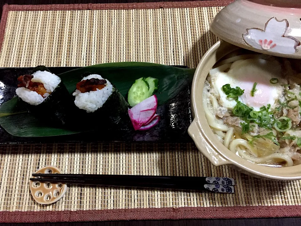 Snapdishの料理写真:天むすと鍋焼き|Marikoさん