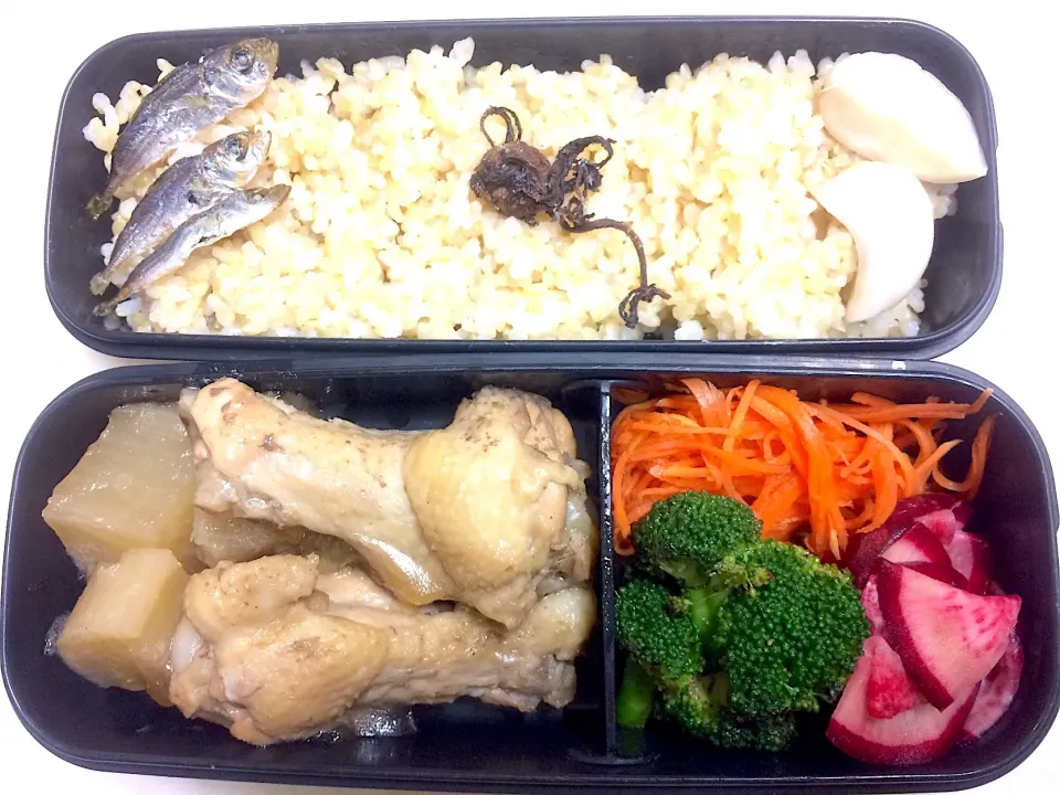 Snapdishの料理写真:#今日のお弁当 鶏手羽元と大根の煮物、人参の甘酢漬、焼きブロッコリー、赤蕪の千枚漬|Victoryageさん