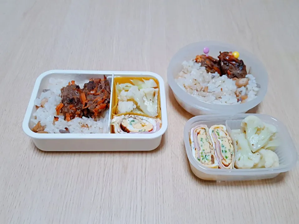 つくりおきお弁当
📛にんじんつくね
📛カリフラワーのフレンチマリネ
📛ハムと万能ネギの卵焼き
📛鶏の釜飯|ぽよさん