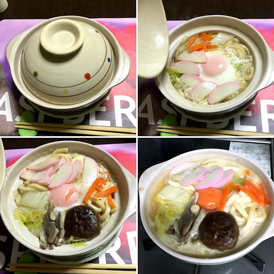 Snapdishの料理写真:風邪ひいてダウン💦の夜は鍋焼きうどん( ´ ▽ ` )ﾉキノコ嫌いにはキノコ抜きでw|ライムさん