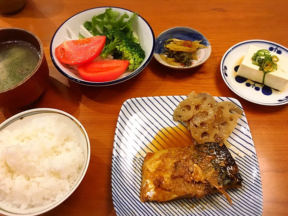 Snapdishの料理写真:12/4 夕飯♪  鯖味噌煮  蓮根と舞茸のきんぴら セロリさっぱり煮 冷奴  セロリスープ|ikukoさん