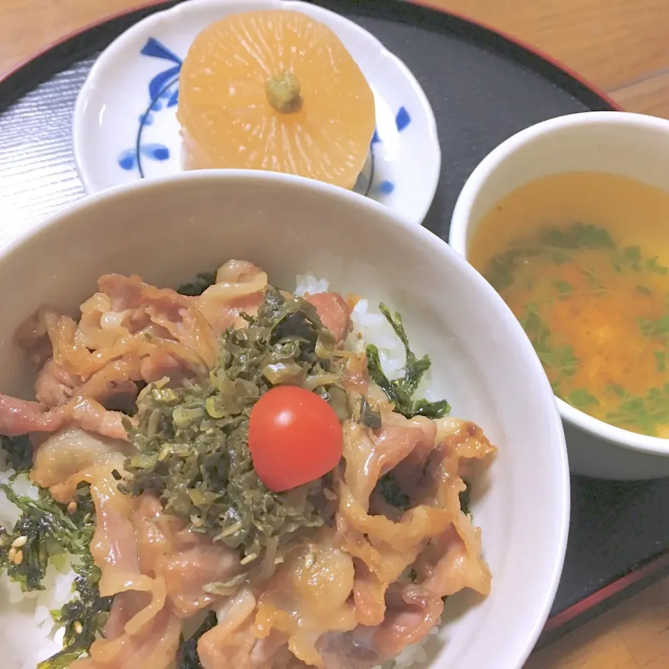 20171205 tue・王子の朝ごはん◡̈⋆＊豚ポン炒め丼＊お大根の炊いたん＊梅昆布茶deスープ|《 Rie 》pochiko3xxxさん