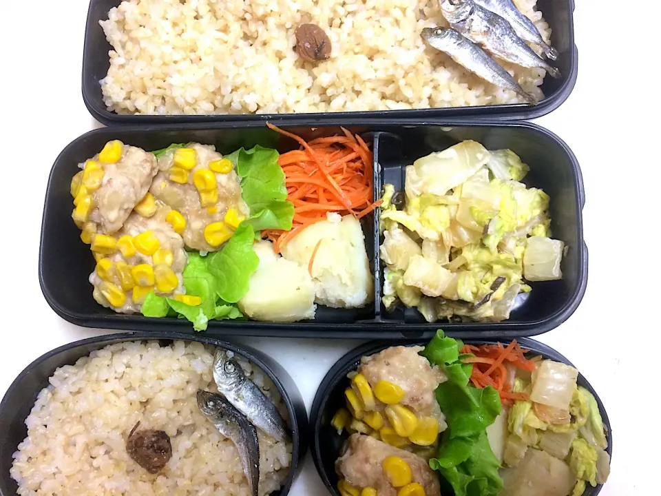 #今日のお弁当 皮なしコーンシューマイ、人参の甘酢漬、粉ふきいも、白菜のサラダ|Victoryageさん