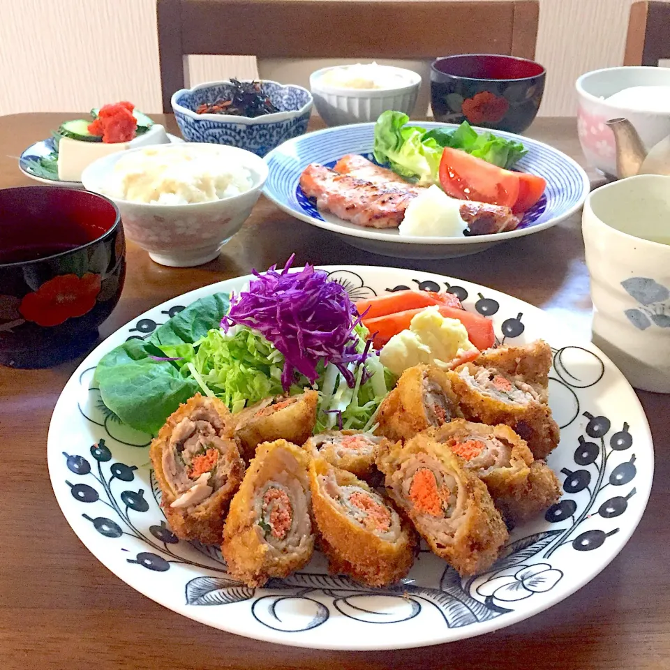 Snapdishの料理写真:明太紫蘇巻きカツと酒の西京漬焼きの晩ご飯😋 #おうちごはん  #手料理  #夕食  #家庭料理|ゆかりさん