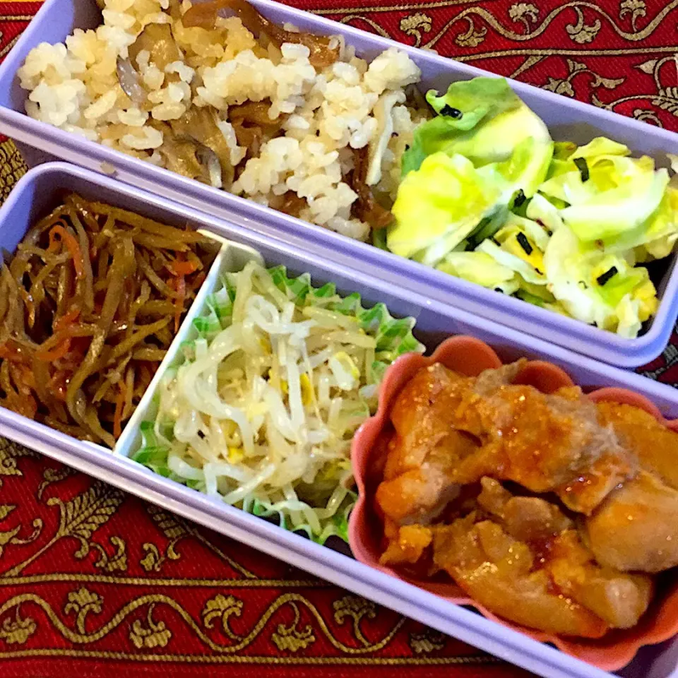 鶏肉のトマト煮ともやしのナムルとキンピラ牛蒡と舞茸ご飯弁当|もえさん