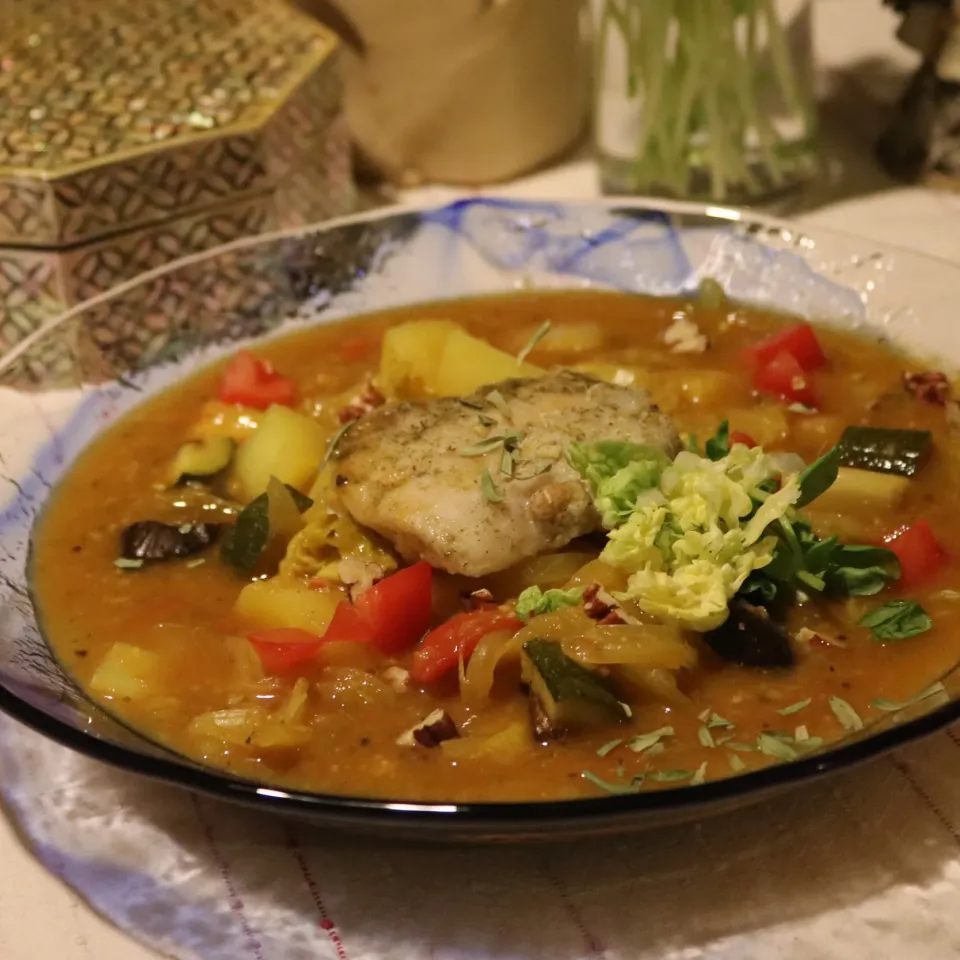 コロコロ野菜とタラのカレー風味煮込み🥔🍅🥕🍆🥦|yasuko murakamiさん