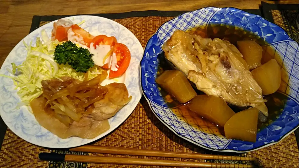 豚のしょうが焼き＆カンパチの頭|まぐろさん