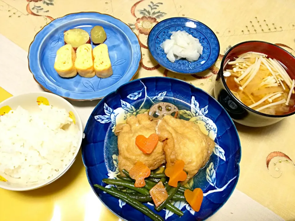 晩ごはん
 - 鶏ミンチ入り巾着
 - 卵焼き
 - ふかしさつま芋
 - 蕪の甘酢漬け
 - 人参えのき大根お味噌汁|korinoさん