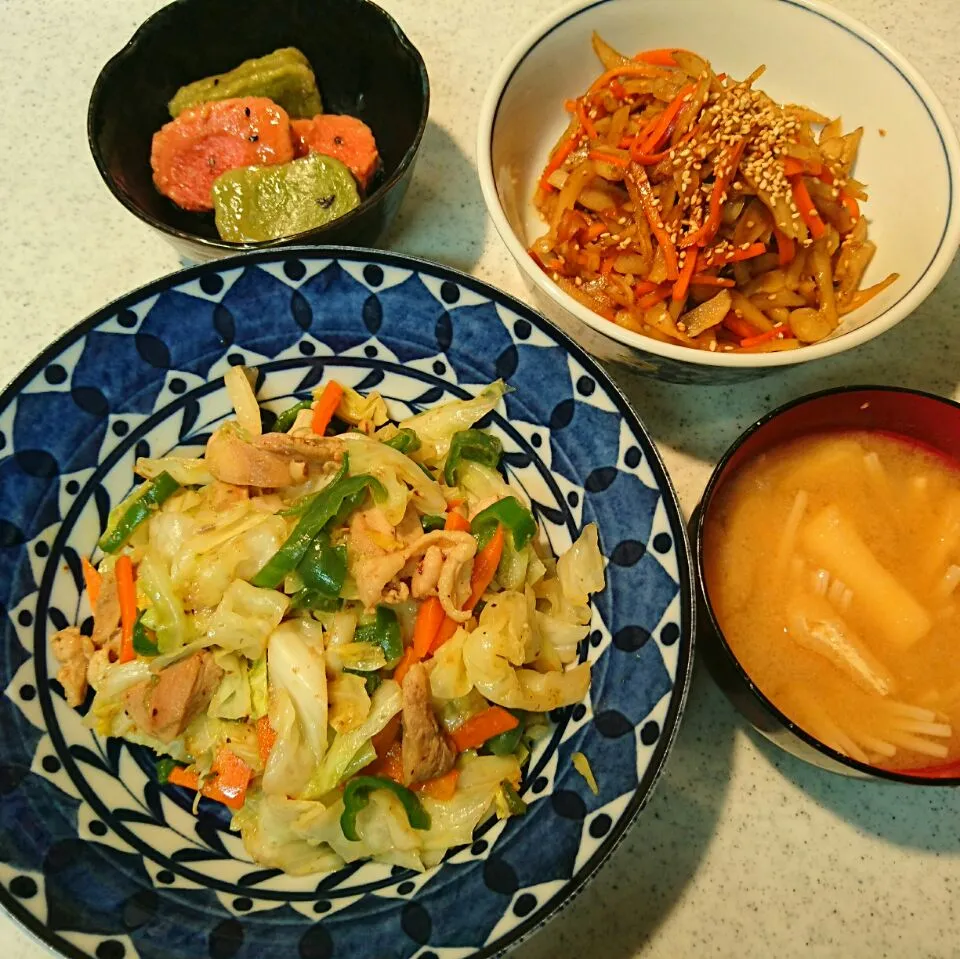 鶏肉と野菜のゆず胡椒味噌炒め、菊芋のきんぴら、えのきの味噌汁|rokochixxx666さん