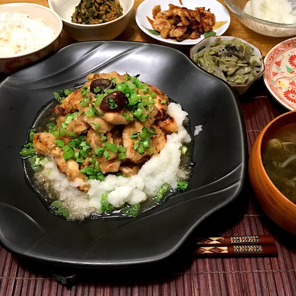 塩こうじ漬鶏むね肉の揚げおろし煮の晩ごはん|むぎこさん