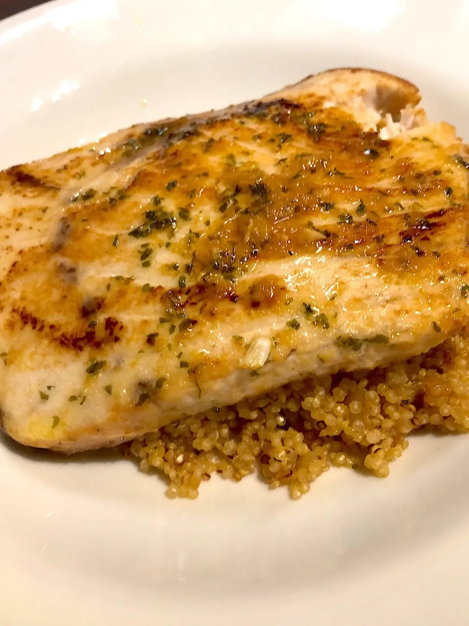 Fresh from Tsukiji Swordfish with garlic parsley butter sauce and pineapple quinoa|Chris Shannonさん