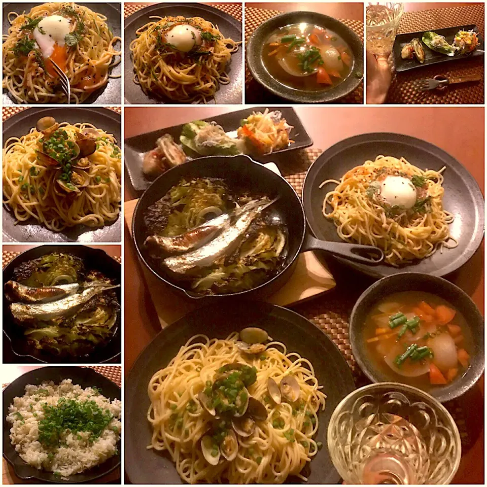 Snapdishの料理写真:Today's Italian Dinner🍴ｱﾝﾃｨﾊﾟｽﾄ ﾐｽﾄ･鰯とｷｬﾍﾞﾂのｵｲﾙ煮･2種のﾊﾟｽﾀ<ﾎﾞﾝｺﾞﾚ&白出汁たらこ>･しらすとｵｸﾗのｱｰﾘｵｵｰﾘｵ ﾗｲｽ･ﾐﾈｽﾄﾛｰﾈ|🌈Ami🍻さん