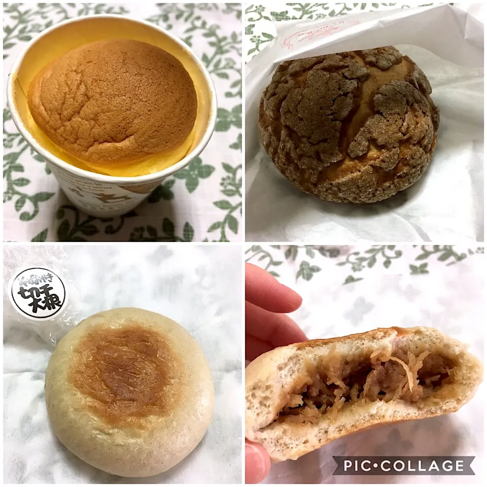 Snapdishの料理写真:寒天入りもちふわシフォンケーキ、キャラメルメロンパン、そばおやき（切干し大根）|こいちさん