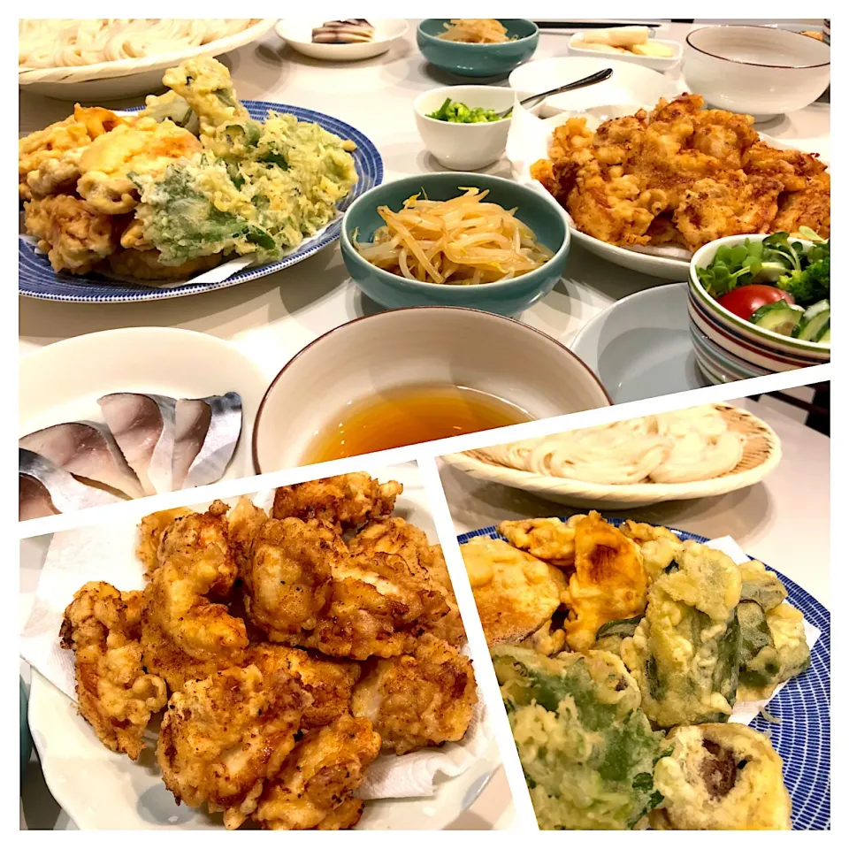 Snapdishの料理写真:鶏天、安納芋、ピーマン、大葉などの天麩羅と佐藤養助の稲庭うどん✨ しめ鯖、もやしのナムルなどなど✨✨|NOBUちえさん